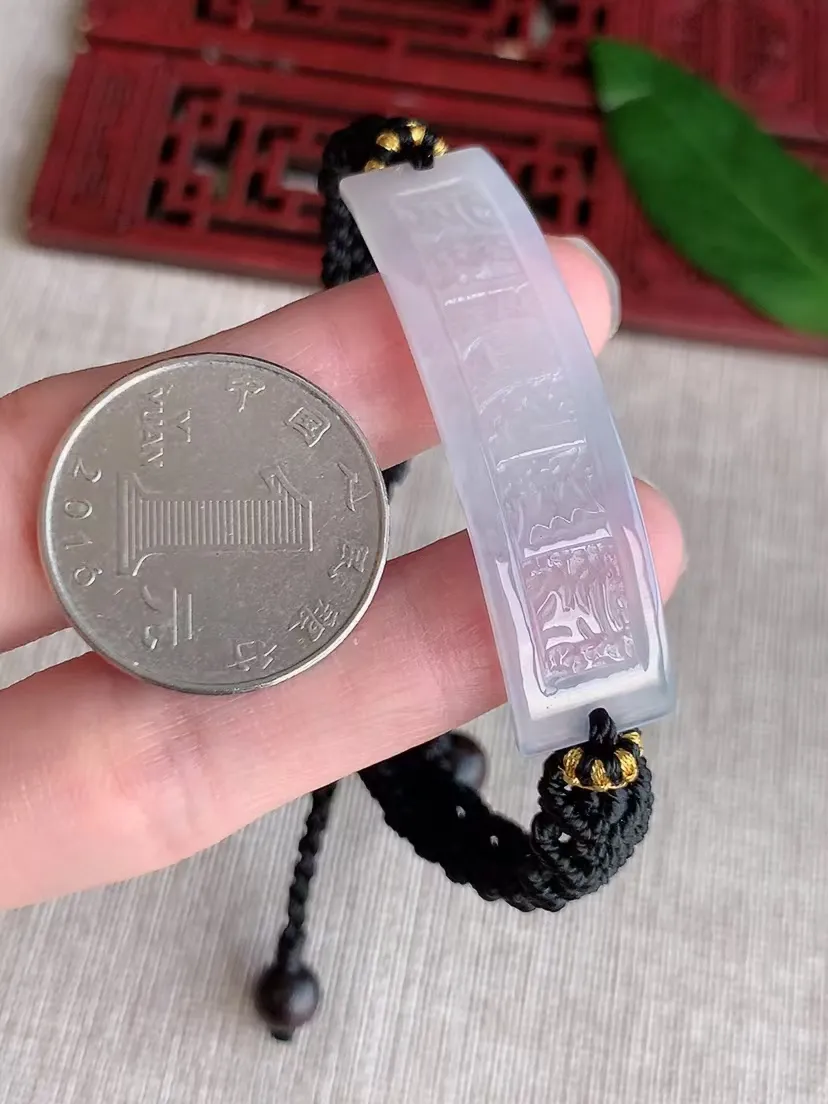 天然A货翡翠白月光六字真言手牌尺寸48.8×12.2×3m量9.03g 0415