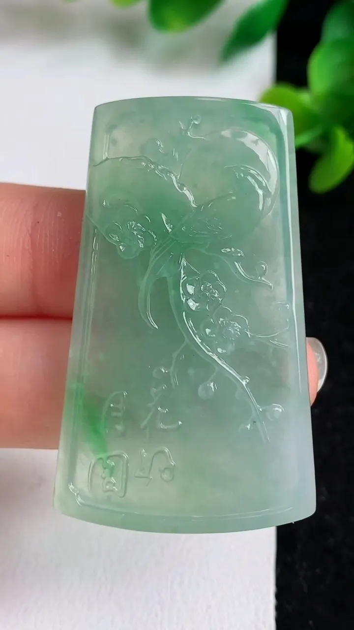 天然A货翡翠鸟语花香吊坠，尺寸46.2-28-4，重量:13.76g
4月18日