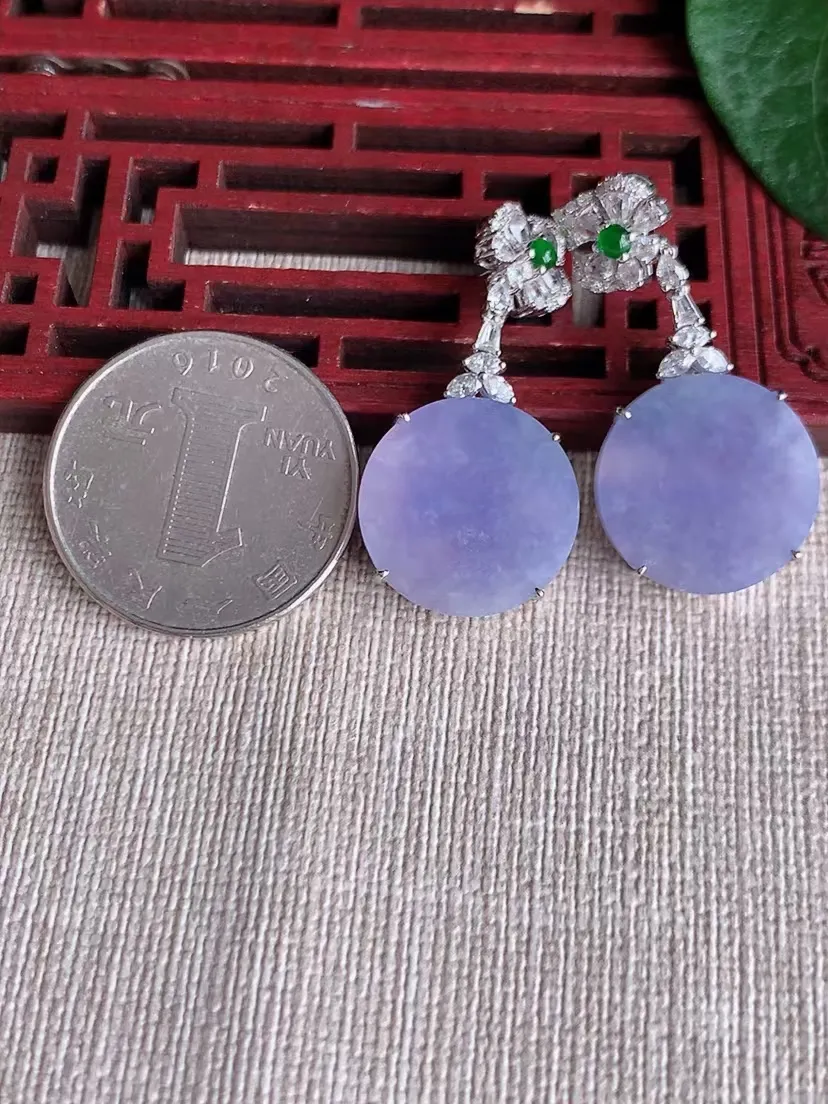 天然A货翡翠18K金伴钻镶嵌紫罗兰无事牌耳坠 尺寸17×5.2mm 重量10.69g 0420