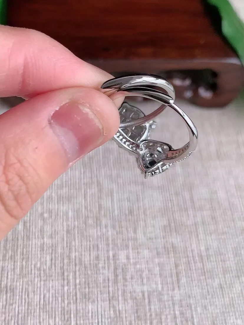 天然A货翡翠925银镶嵌满绿蛋面戒指一对 圈口可调节 尺寸7.8×5.7mm 重量2.56g 042