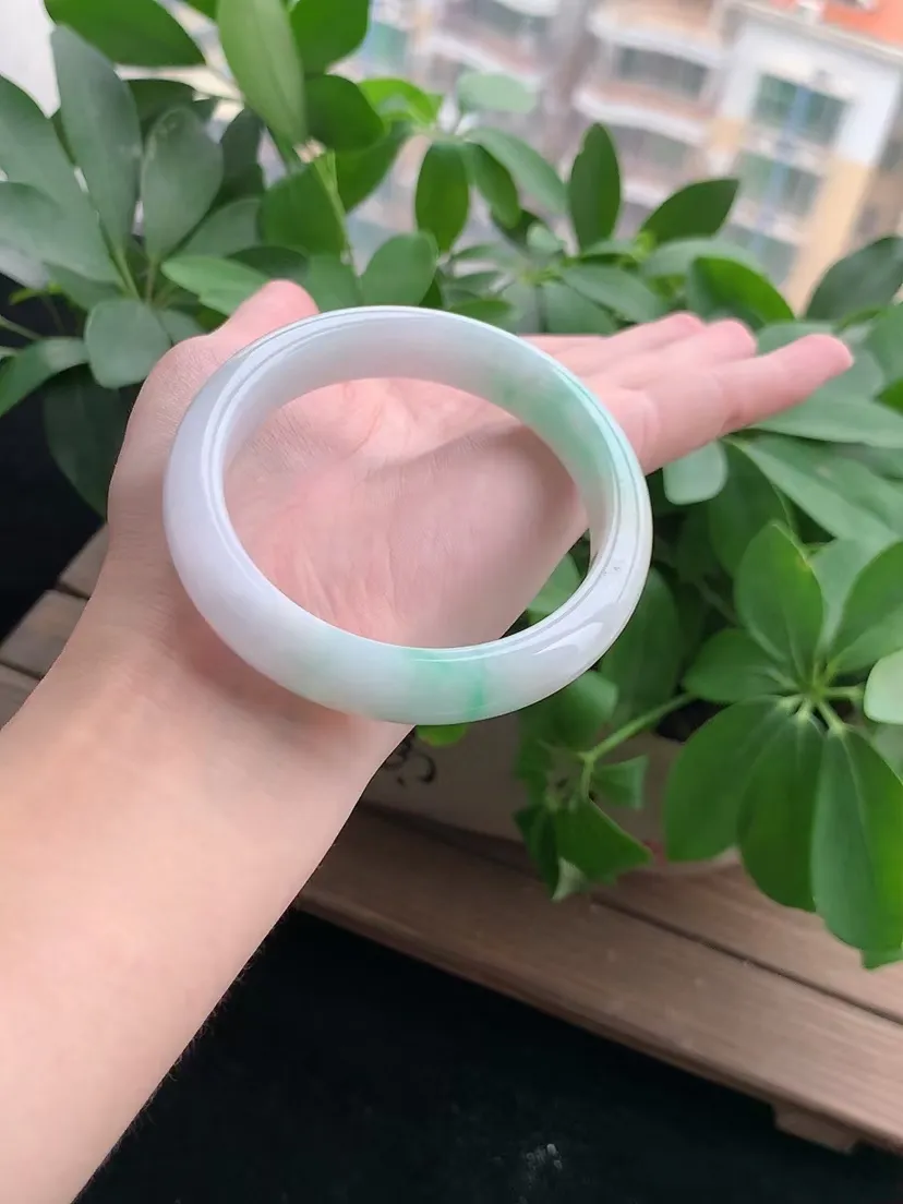 天然A货翡翠绿双彩正装正圈手镯56-57圈口 尺寸56.5×12×7.8mm 重量57.37g 04