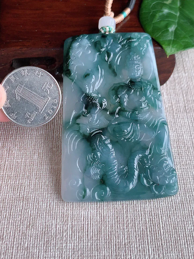 缅甸a货翡翠ddj老坑冰种飘花普贤菩萨吊坠 整体73×46×5.3mm 50.86