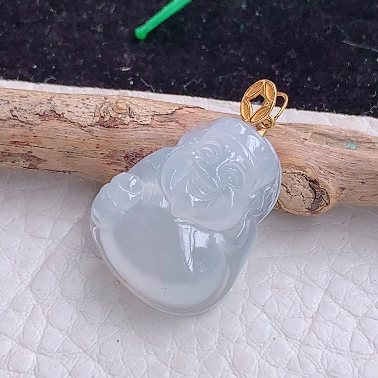 实拍x54 18k金镶嵌缅甸翡翠A货冰起光财神爷 财爷锁骨坠 玉挂件20.6*16.3*6mm