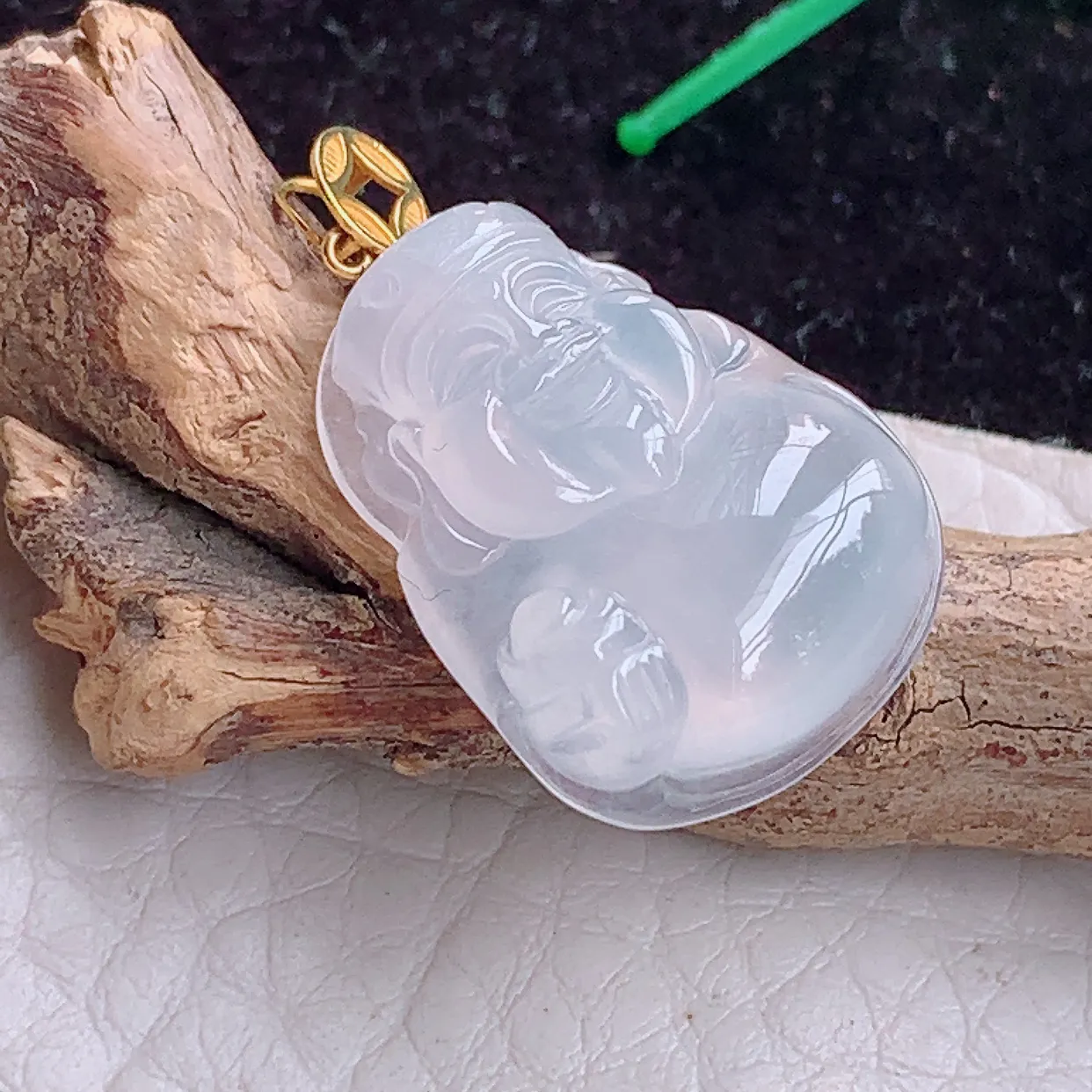 实拍x54 18k金镶嵌缅甸翡翠A货冰起光财神爷 财爷锁骨坠 玉挂件20.6*16.3*6mm