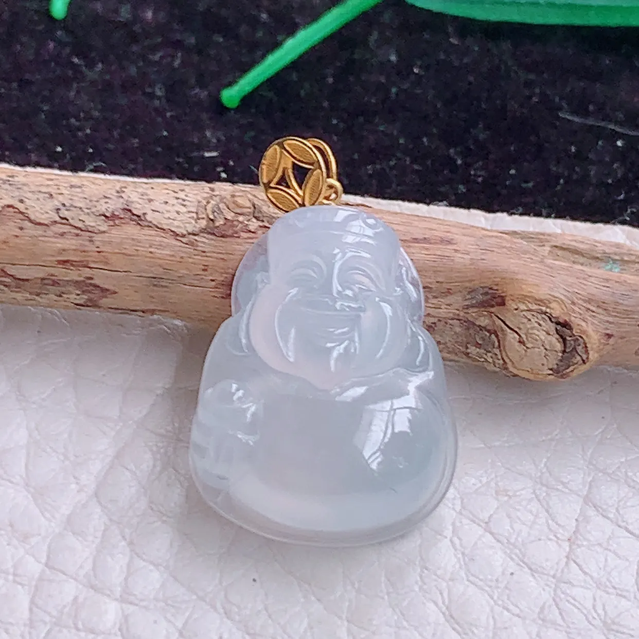 实拍x54 18k金镶嵌缅甸翡翠A货冰起光财神爷 财爷锁骨坠 玉挂件20.6*16.3*6mm