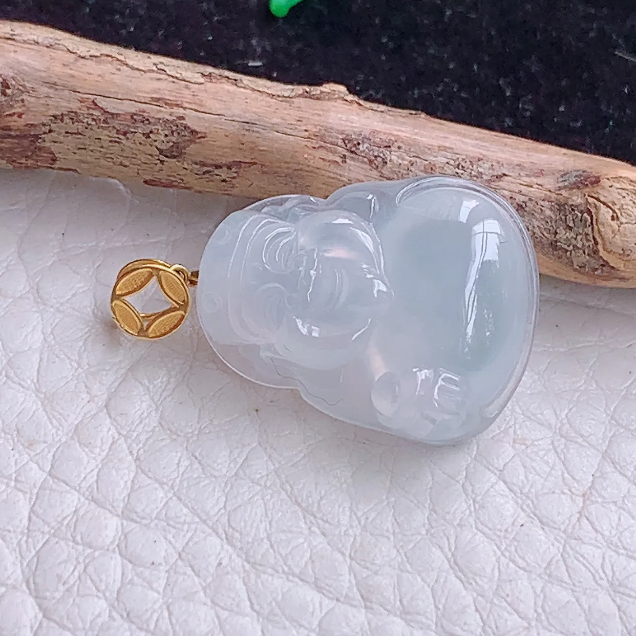 实拍x54 18k金镶嵌缅甸翡翠A货冰起光财神爷 财爷锁骨坠 玉挂件20.6*16.3*6mm