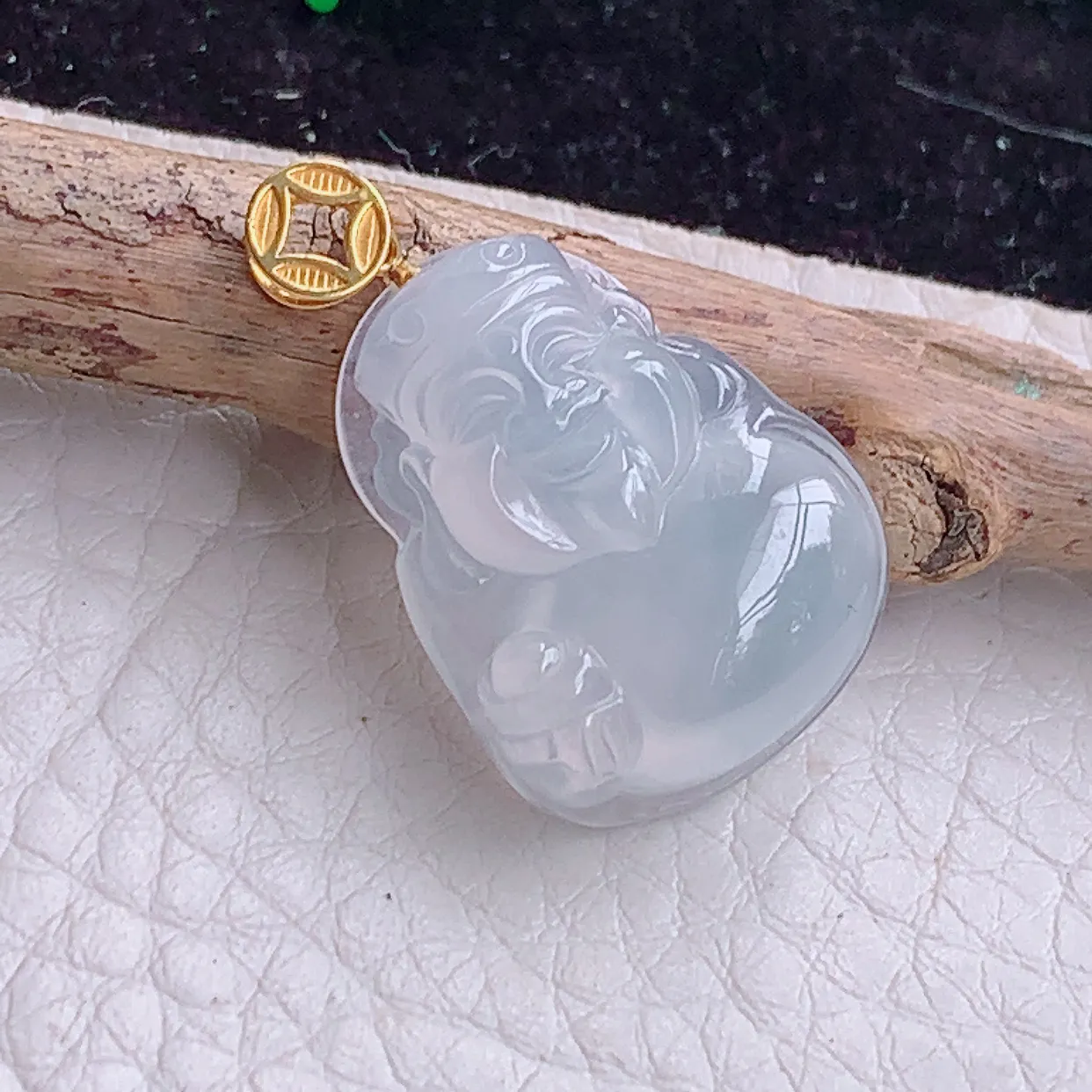 实拍x54 18k金镶嵌缅甸翡翠A货冰起光财神爷 财爷锁骨坠 玉挂件20.6*16.3*6mm