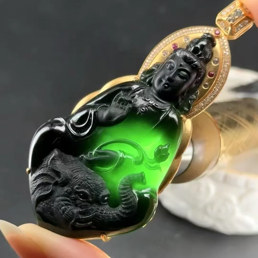 精品墨翠普贤菩萨 种好色正 黑度极好 打灯通透 油性十足