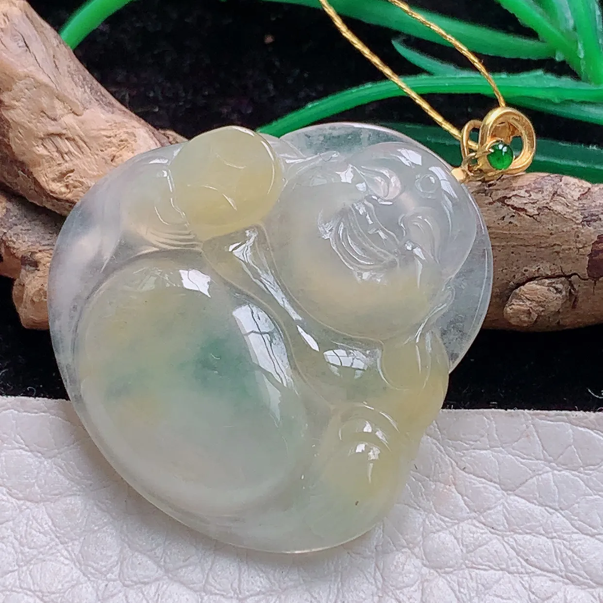 实拍ws 18k镶嵌缅甸翡翠A货冰黃佛公 开心佛玉吊坠 玉挂件31.4*31.4*5.2mm