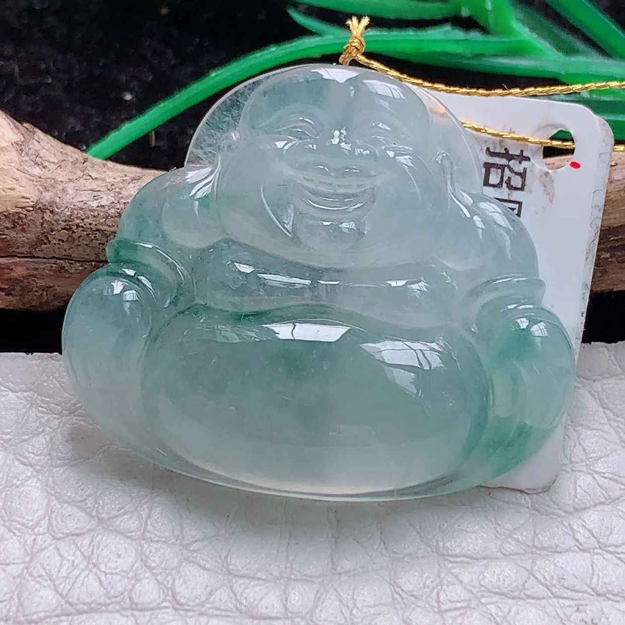 实拍ws 缅甸翡翠A货冰胶起光飘花佛公 开心佛玉吊坠 玉挂件28*32.5*6.2mm