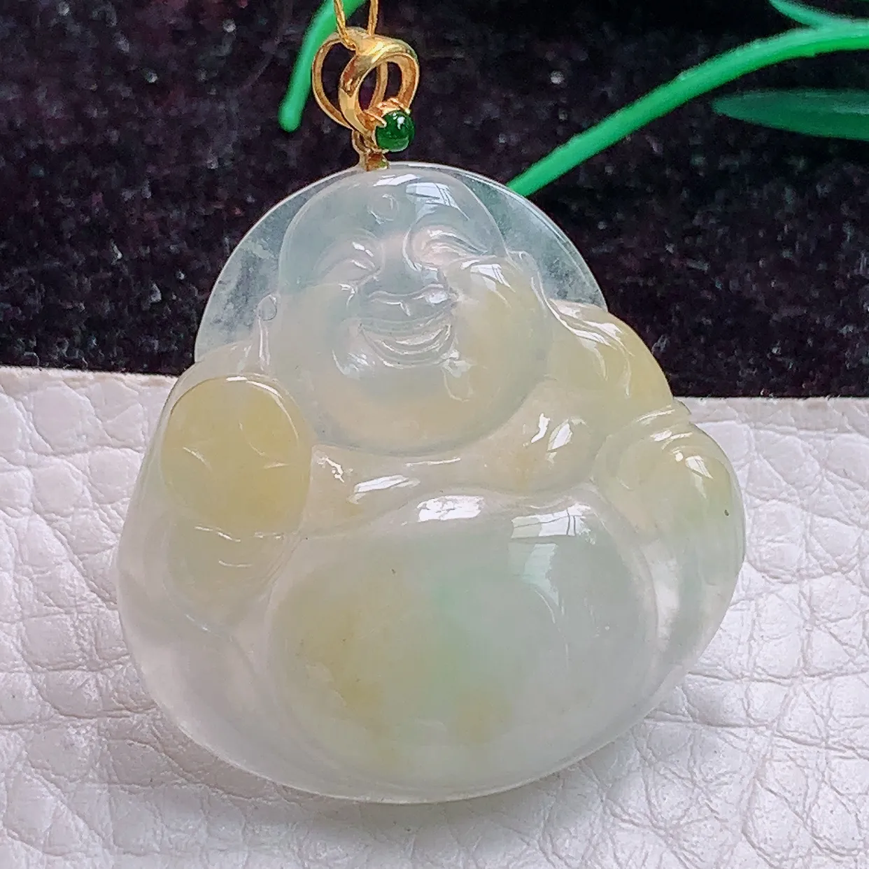实拍ws 18k镶嵌缅甸翡翠A货冰黃佛公 开心佛玉吊坠 玉挂件31.4*31.4*5.2mm