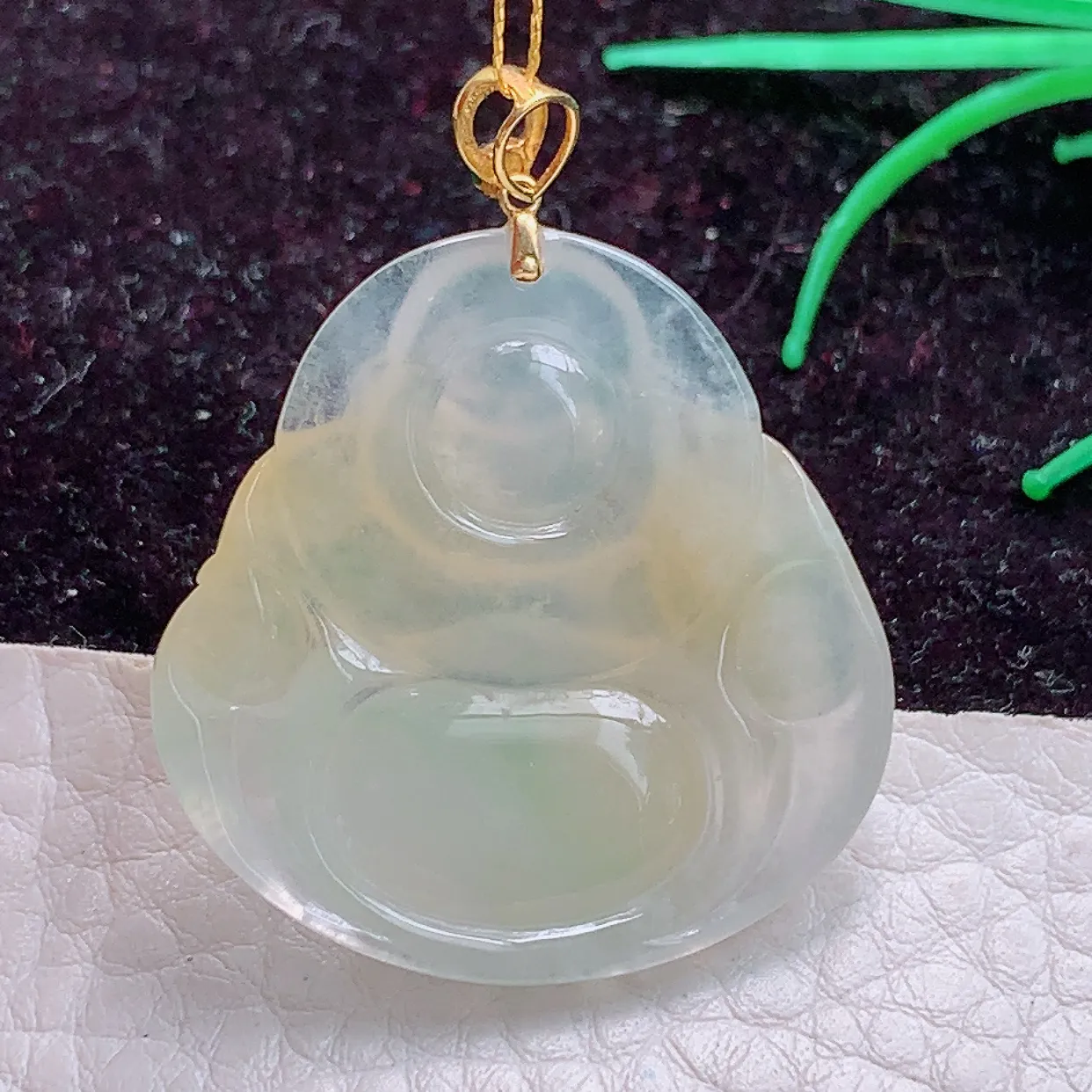 实拍ws 18k镶嵌缅甸翡翠A货冰黃佛公 开心佛玉吊坠 玉挂件31.4*31.4*5.2mm
