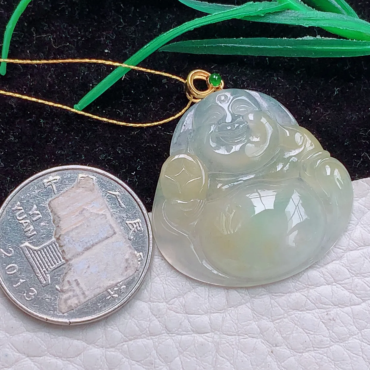 实拍ws 18k镶嵌缅甸翡翠A货冰黃佛公 开心佛玉吊坠 玉挂件31.4*31.4*5.2mm