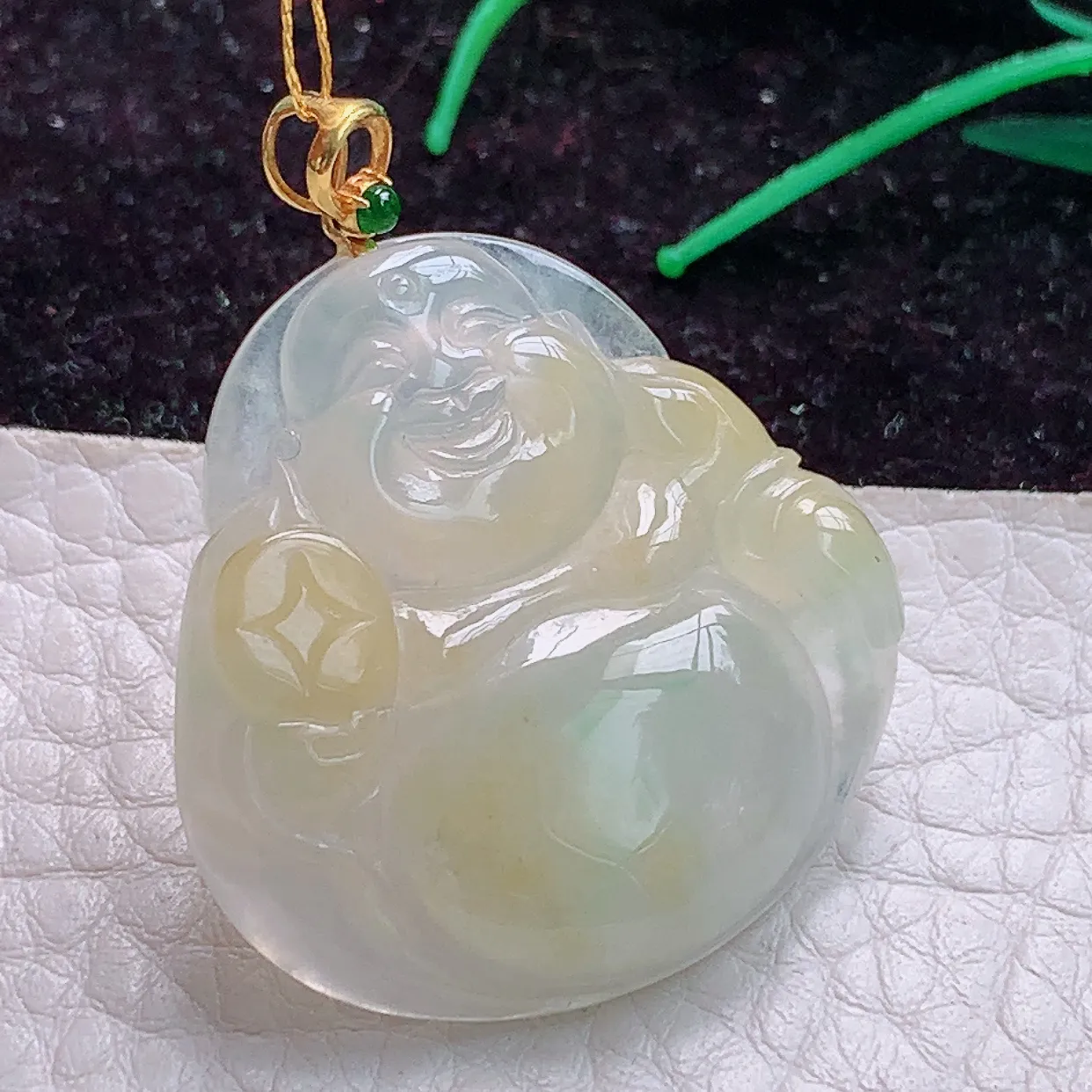 实拍ws 18k镶嵌缅甸翡翠A货冰黃佛公 开心佛玉吊坠 玉挂件31.4*31.4*5.2mm