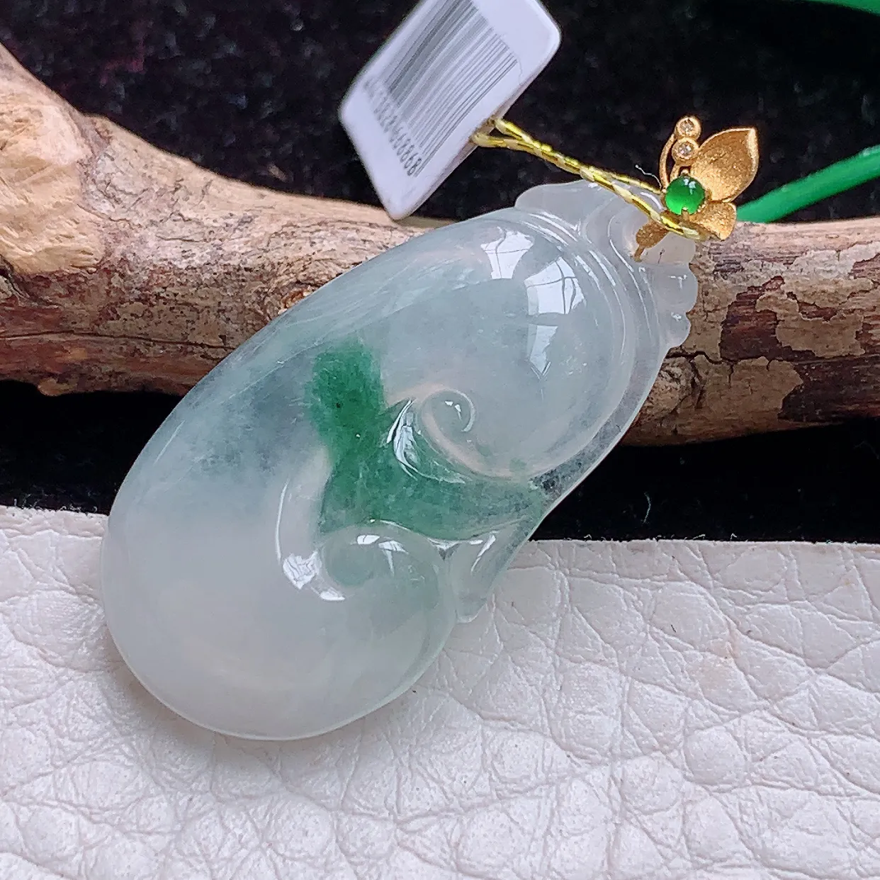 实拍x54 18k镶嵌缅甸翡翠A货冰飘花如意 玉如意玉吊坠 玉挂件36.5*16.5*5.1mm