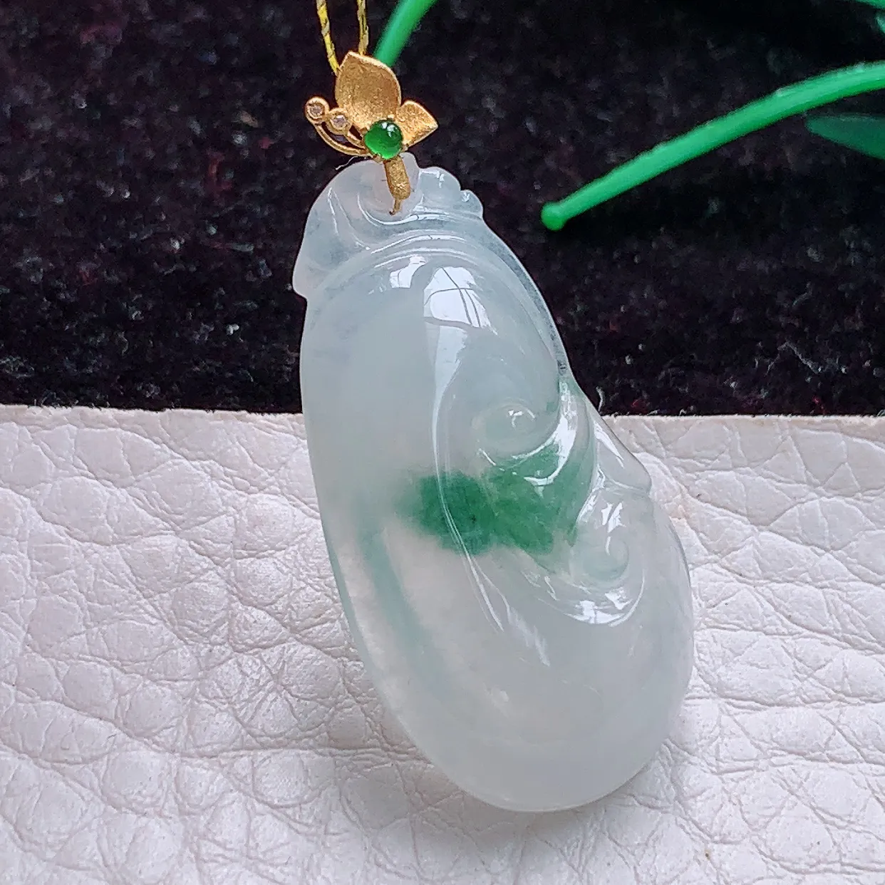 实拍x54 18k镶嵌缅甸翡翠A货冰飘花如意 玉如意玉吊坠 玉挂件36.5*16.5*5.1mm