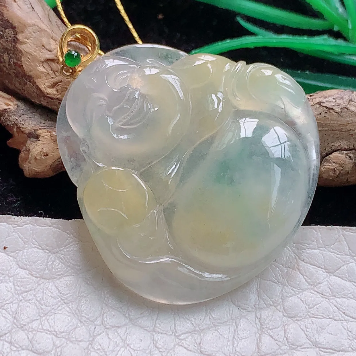 实拍ws 18k镶嵌缅甸翡翠A货冰黃佛公 开心佛玉吊坠 玉挂件31.4*31.4*5.2mm