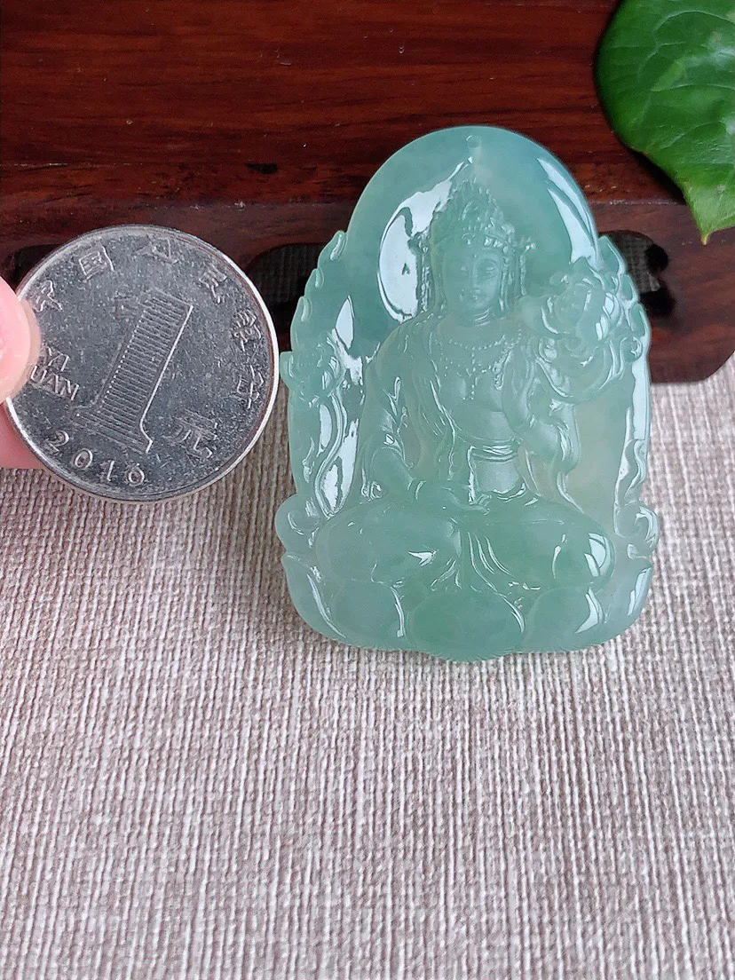 缅甸a货翡翠ddj老坑冰种晴水一刀切大势至菩萨吊坠 整体49.5×35×5.2mm 19.80