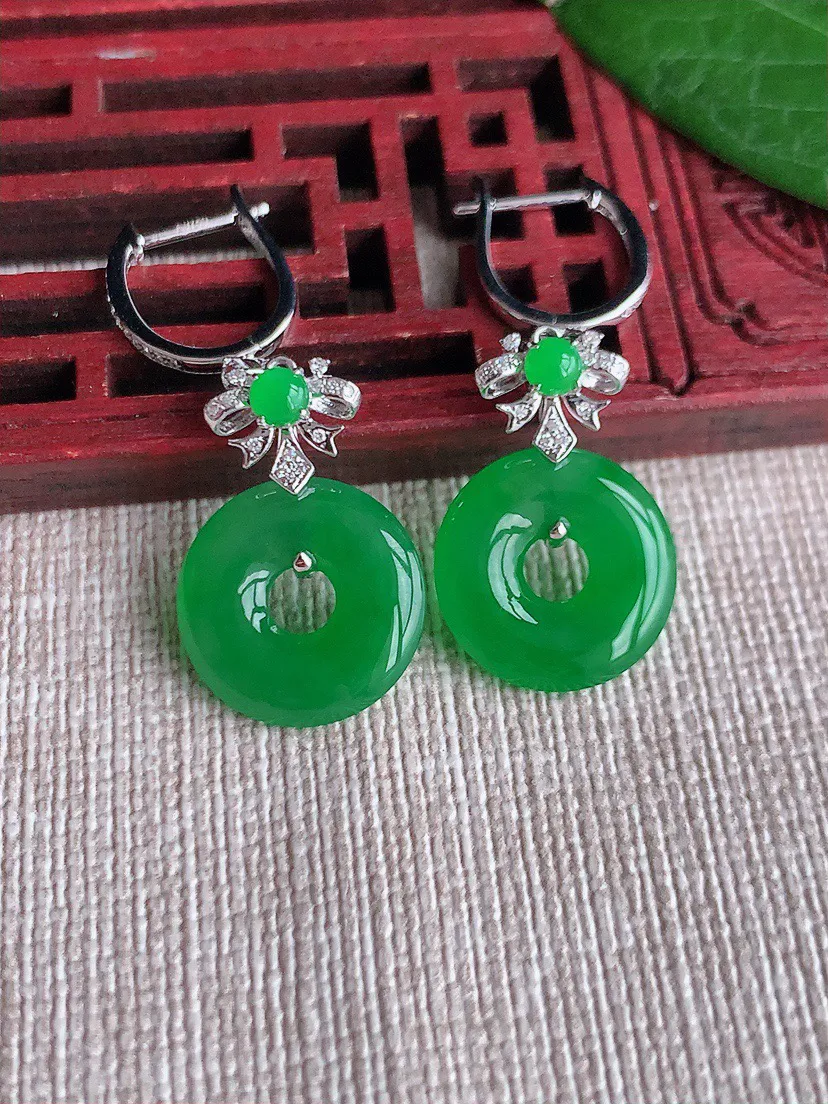 缅甸a货翡翠ddj老坑冰种18K金镶嵌阳绿平安环耳坠 整体14×2.7mm 4.08