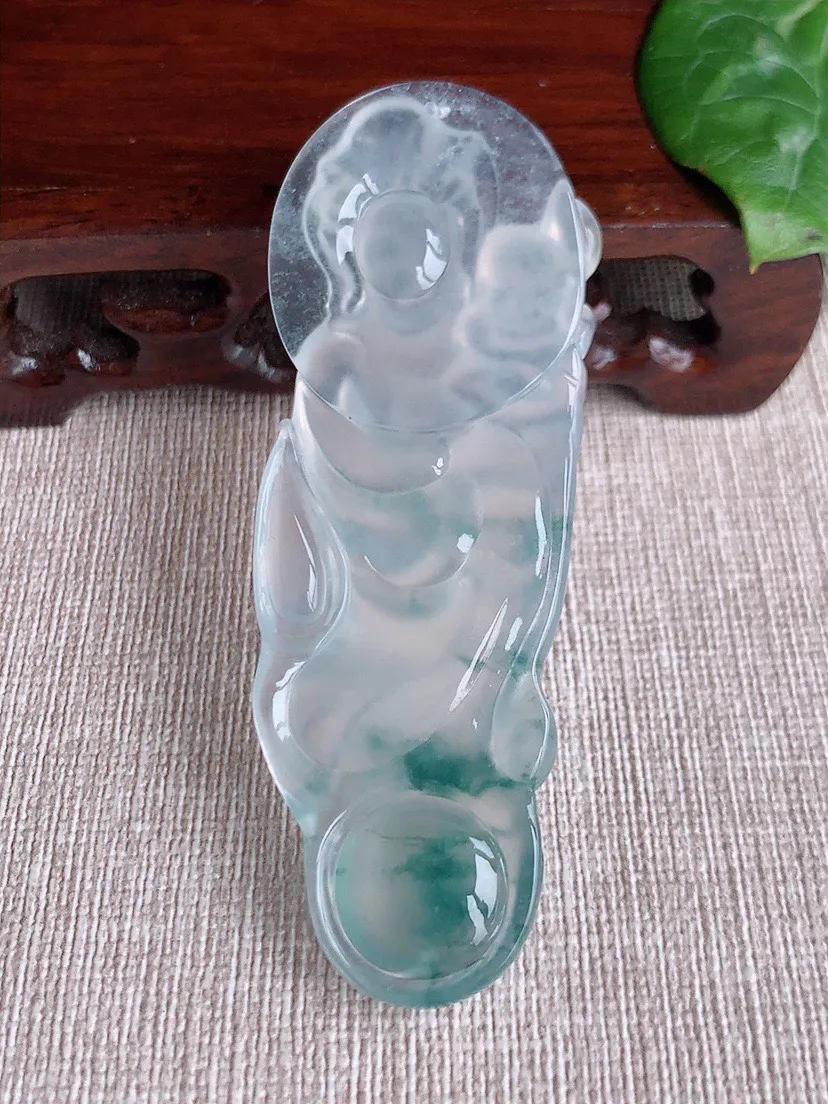 缅甸a货翡翠ddj老坑玻璃种冰飘花送子观音吊坠 整体76.3×28×6.2mm 23.94