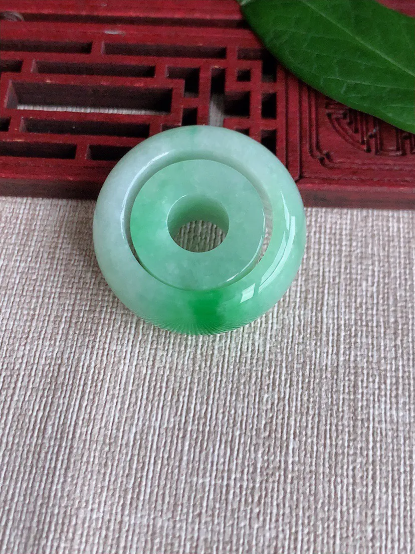 缅甸a货翡翠ddj老坑冰种子母飘阳绿扳指路路通吊坠两用款 扳指尺寸21.6×12×5.2路路通19.3×12.3mm 24.12