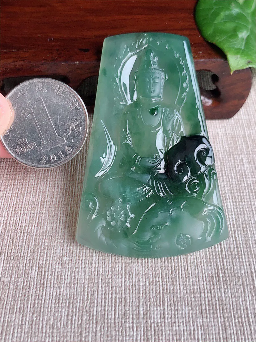 缅甸a货翡翠ddj老坑冰种飘花普贤菩萨吊坠 整体62.8×39.8×4.6mm 24.90