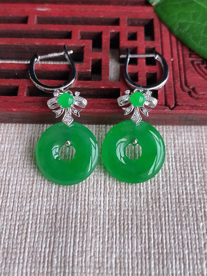 缅甸a货翡翠ddj老坑冰种18K金镶嵌阳绿平安环耳坠 整体14×2.7mm 4.08