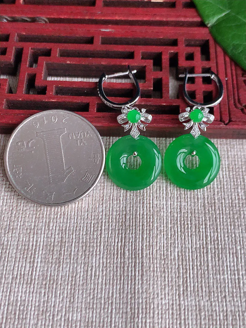 缅甸a货翡翠ddj老坑冰种18K金镶嵌阳绿平安环耳坠 整体14×2.7mm 4.08