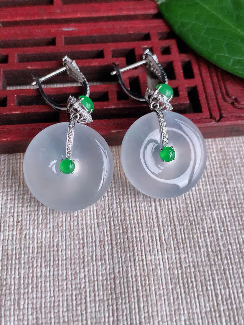缅甸a货翡翠ddj老坑玻璃种18K金镶嵌白月光平安扣耳坠 整体18.8×6mm 12.60