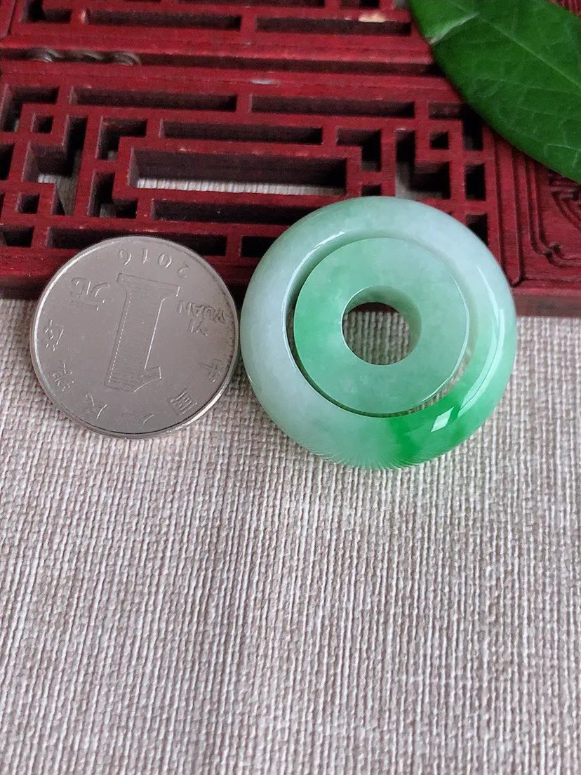 缅甸a货翡翠ddj老坑冰种子母飘阳绿扳指路路通吊坠两用款 扳指尺寸21.6×12×5.2路路通19.3×12.3mm 24.12