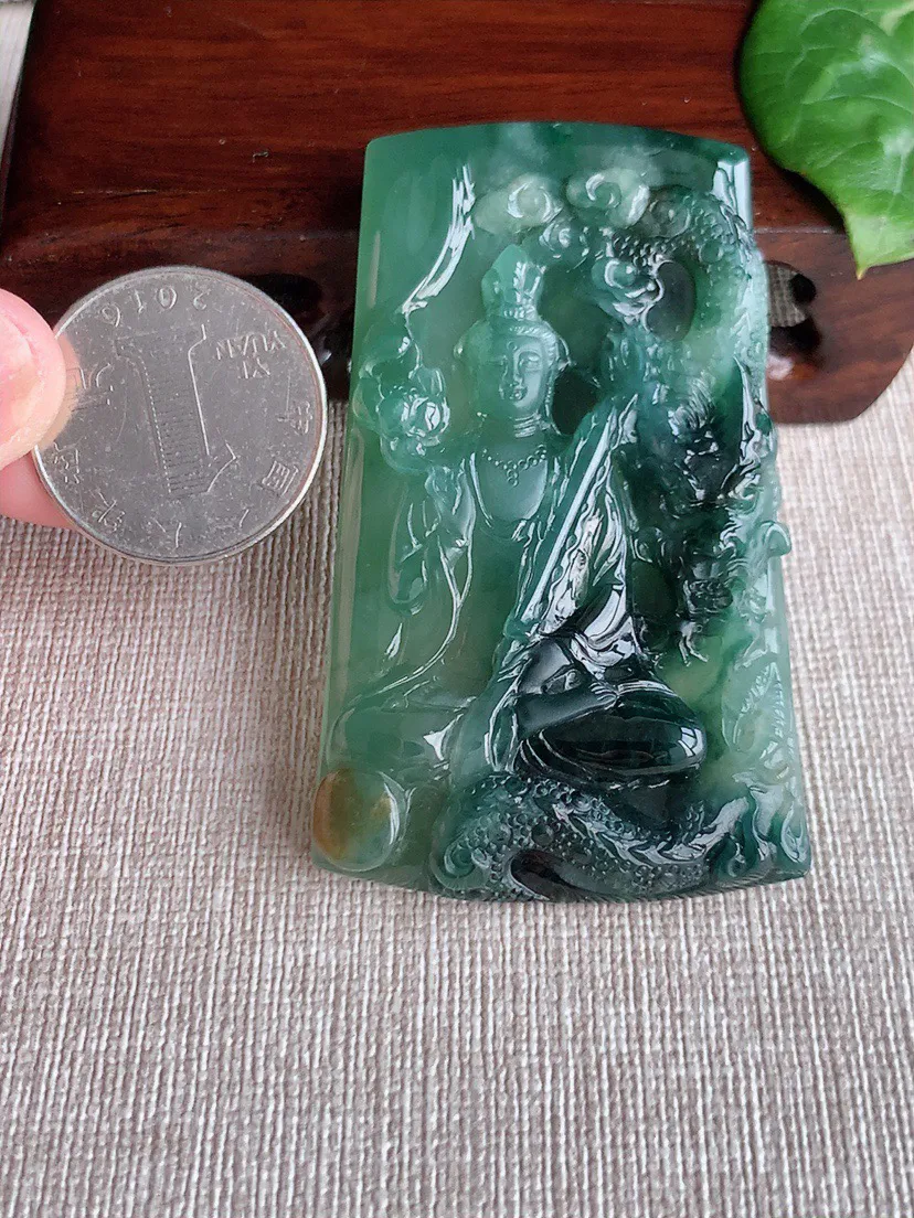 缅甸a货翡翠ddj老坑冰润飘花虚空藏菩萨吊坠  整体65.5×39.2×8mm 47.00