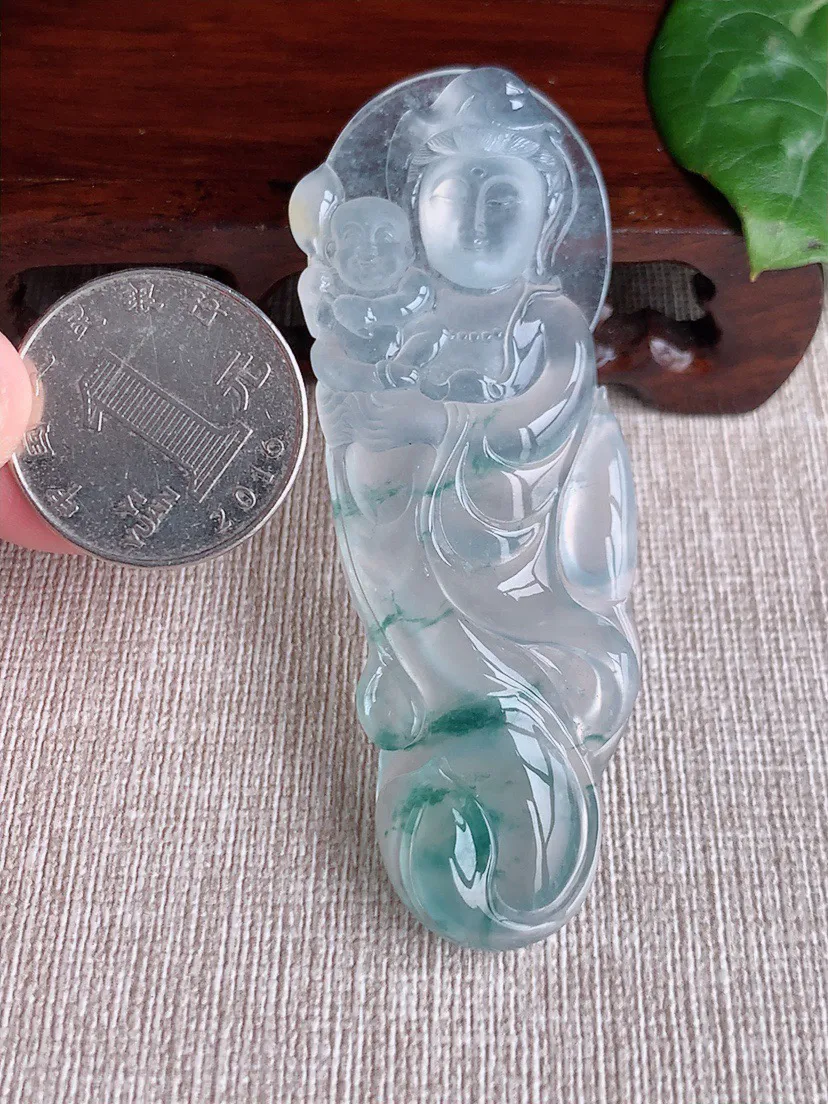 缅甸a货翡翠ddj老坑玻璃种冰飘花送子观音吊坠 整体76.3×28×6.2mm 23.94