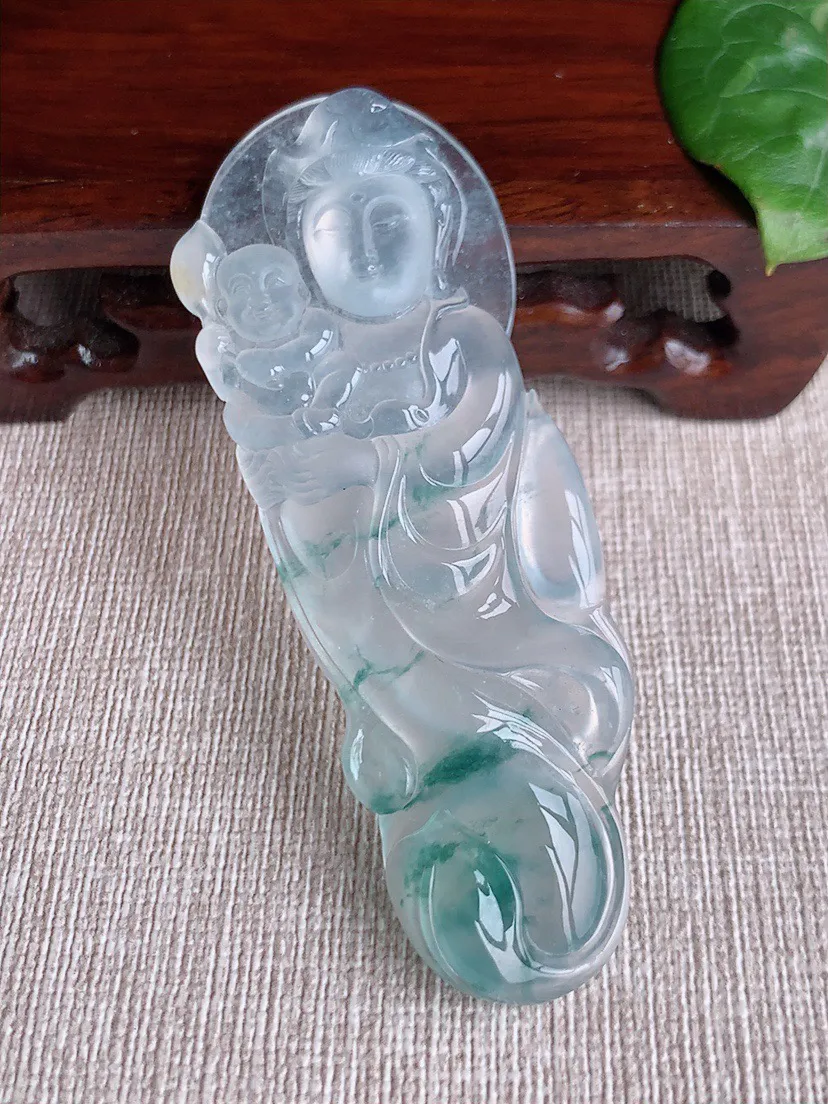 缅甸a货翡翠ddj老坑玻璃种冰飘花送子观音吊坠 整体76.3×28×6.2mm 23.94