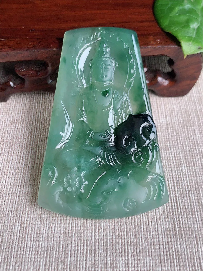 缅甸a货翡翠ddj老坑冰种飘花普贤菩萨吊坠 整体62.8×39.8×4.6mm 24.90