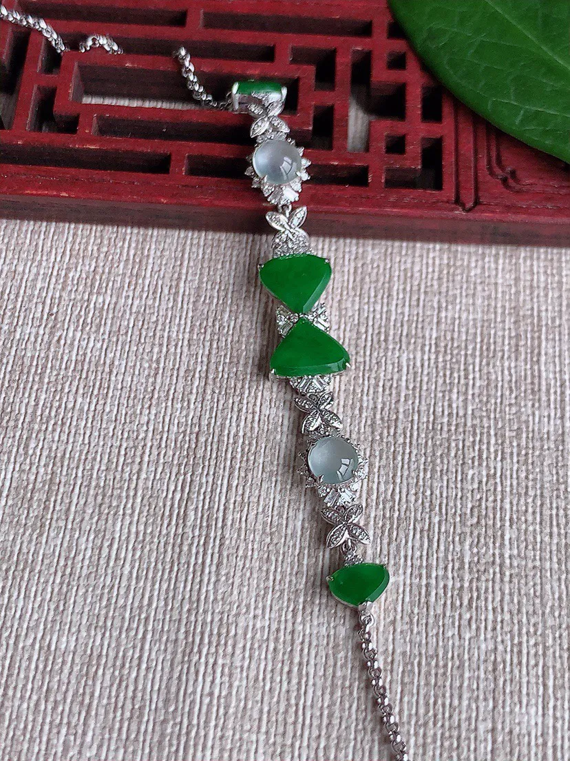 缅甸a货翡翠ddj老坑冰种18K金镶嵌阳绿水滴手链 整体7×8.4×3mm 4.60