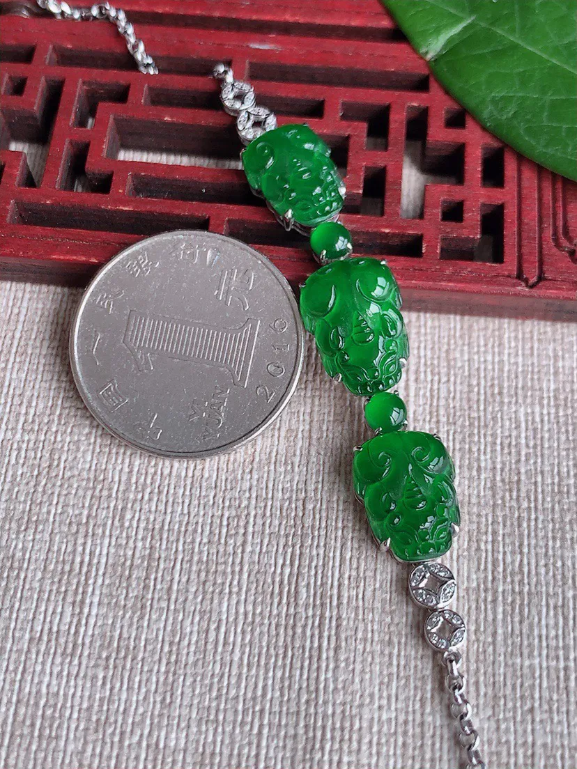 缅甸a货翡翠ddj老坑冰种18K金镶嵌满绿招财貔貅手链 整体14.6×10.4×4.6mm 4.55