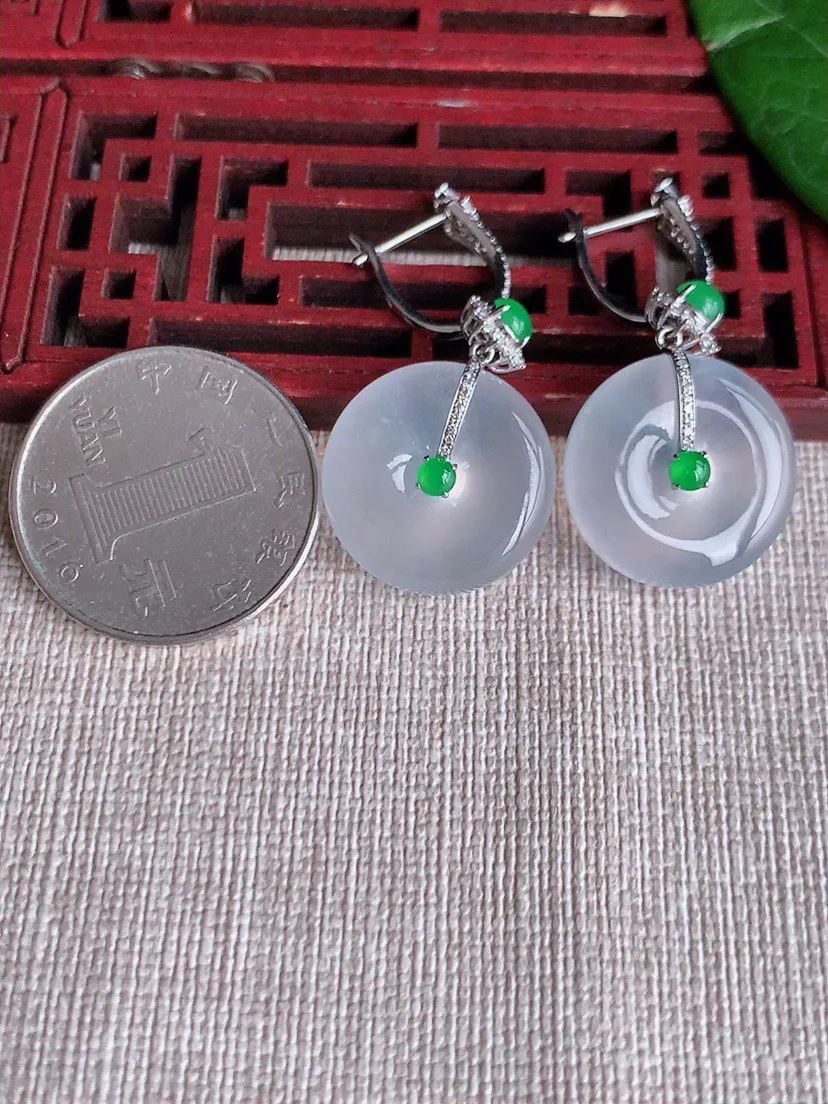 缅甸a货翡翠ddj老坑玻璃种18K金镶嵌白月光平安扣耳坠 整体18.8×6mm 12.60