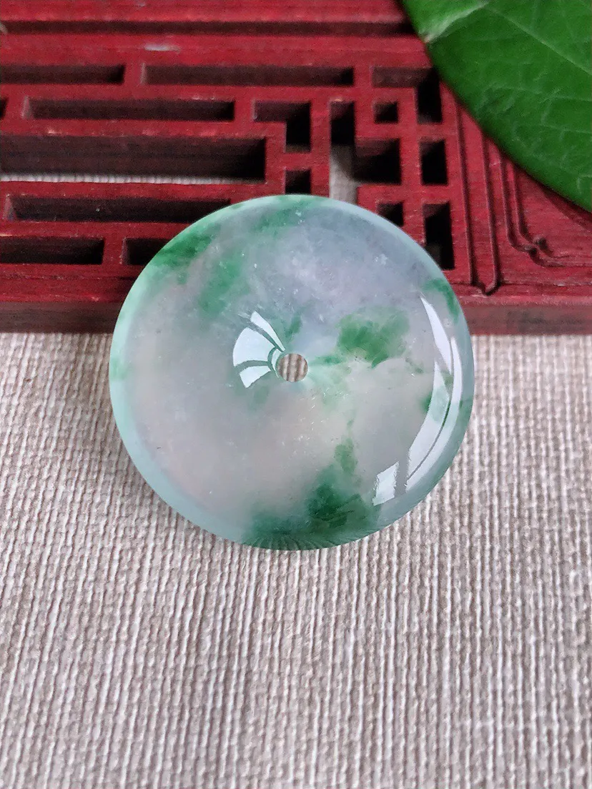 缅甸a货翡翠ddj老坑玻璃种冰飘花平安扣吊坠 整体31.5×5.6mm 12.19