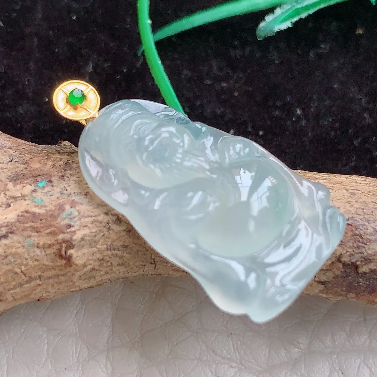 实拍x54 缅甸翡翠A货胶感冰起光财爷 财神爷玉吊坠 玉挂件27.8*14.5*4.6mm 18k