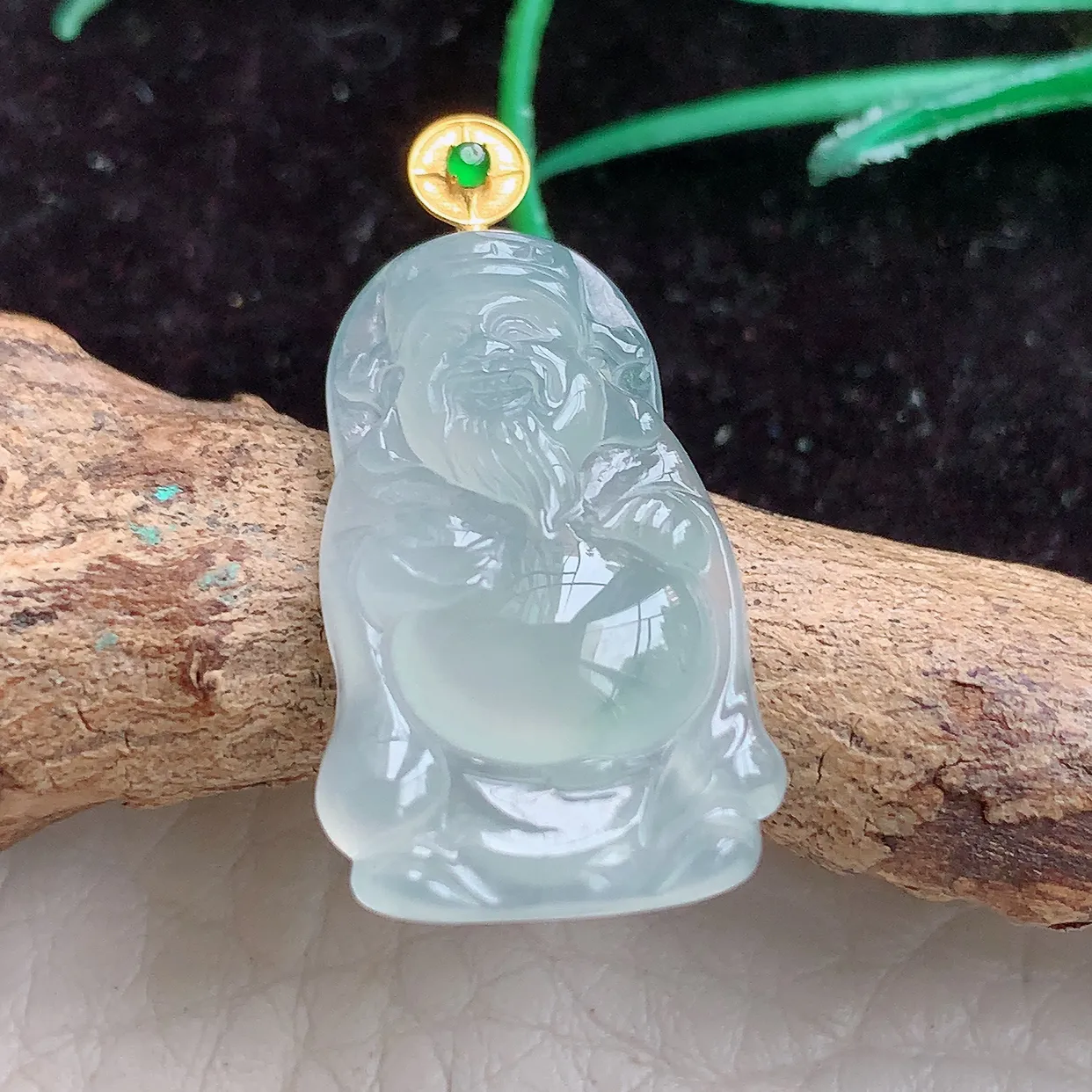 实拍x54 缅甸翡翠A货胶感冰起光财爷 财神爷玉吊坠 玉挂件27.8*14.5*4.6mm 18k