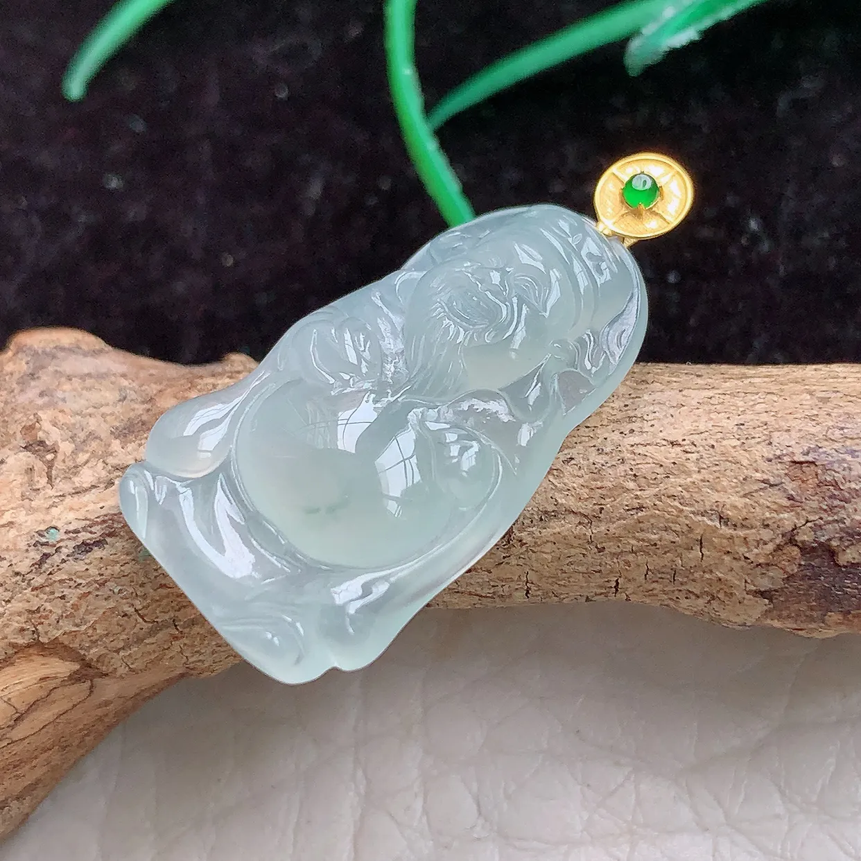 实拍x54 缅甸翡翠A货胶感冰起光财爷 财神爷玉吊坠 玉挂件27.8*14.5*4.6mm 18k