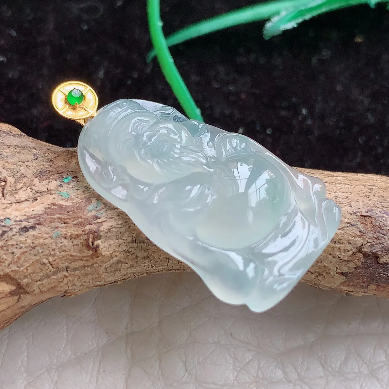 实拍x54 缅甸翡翠A货胶感冰起光财爷 财神爷玉吊坠 玉挂件27.8*14.5*4.6mm 18k