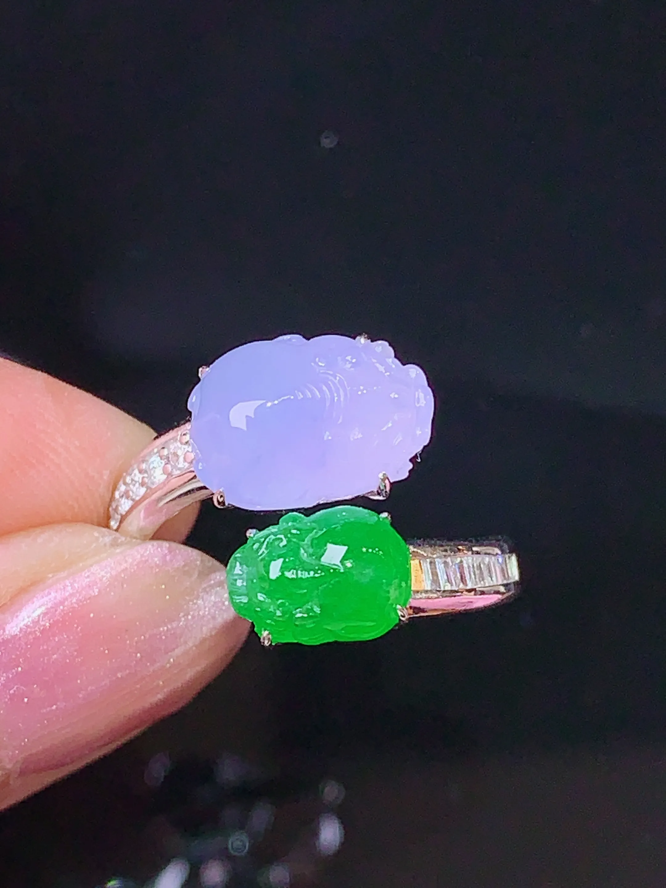 18k金钻镶嵌紫罗兰满绿貔貅组合戒指 玉质细腻 色泽清新艳丽 圈口14.5 裸石尺寸11.2*7.8*4.5