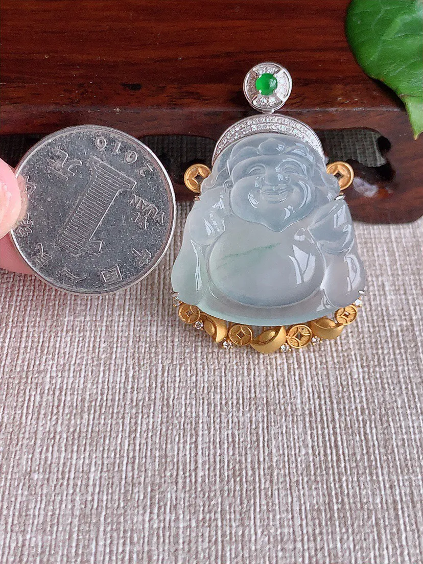 缅甸a货翡翠ddj老坑冰种18K金镶嵌飘花财神爷吊坠 整体42×27.4×28.7×8mm 12.40