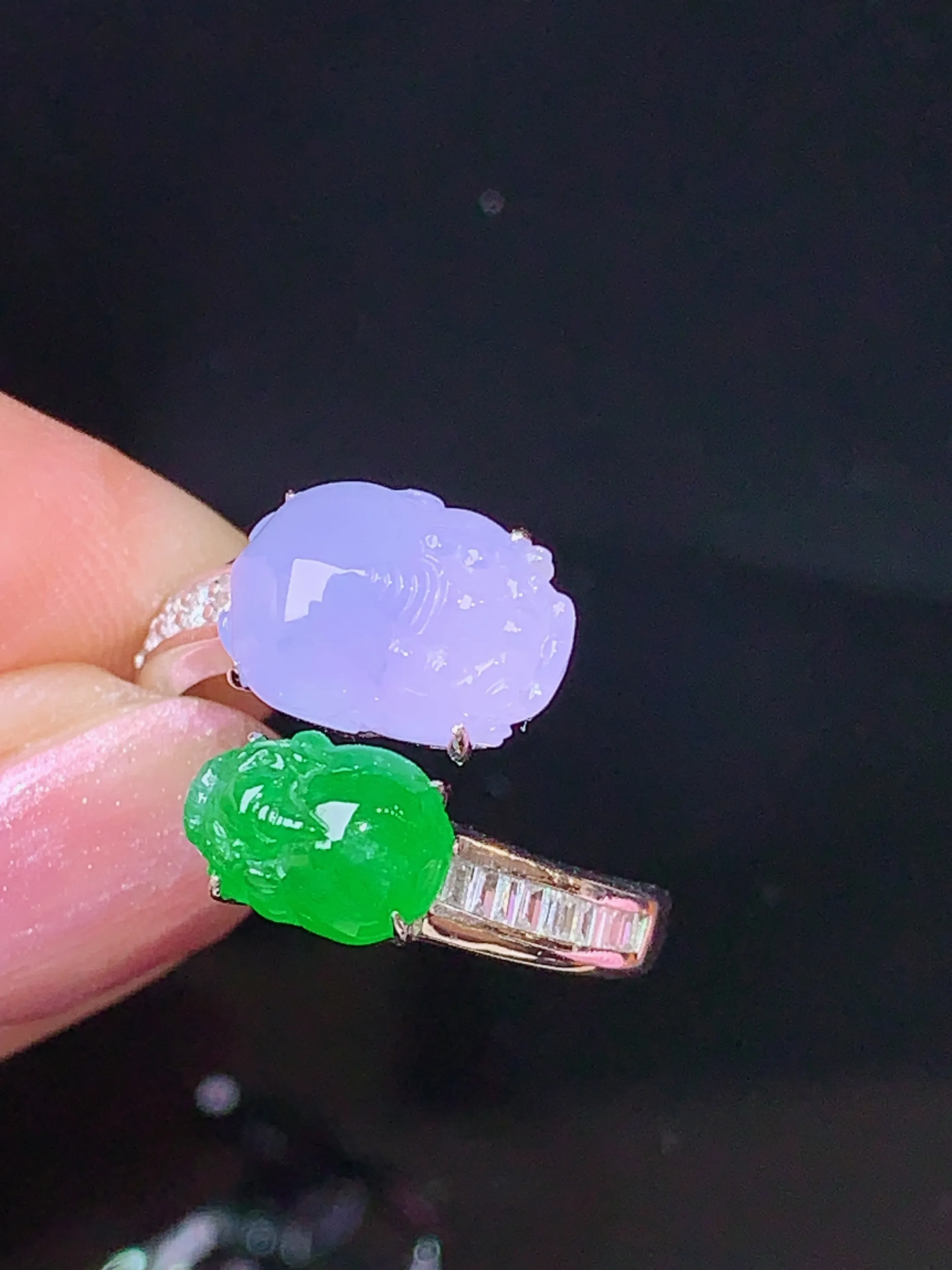 18k金钻镶嵌紫罗兰满绿貔貅组合戒指 玉质细腻 色泽清新艳丽 圈口14.5 裸石尺寸11.2*7.8*4.5