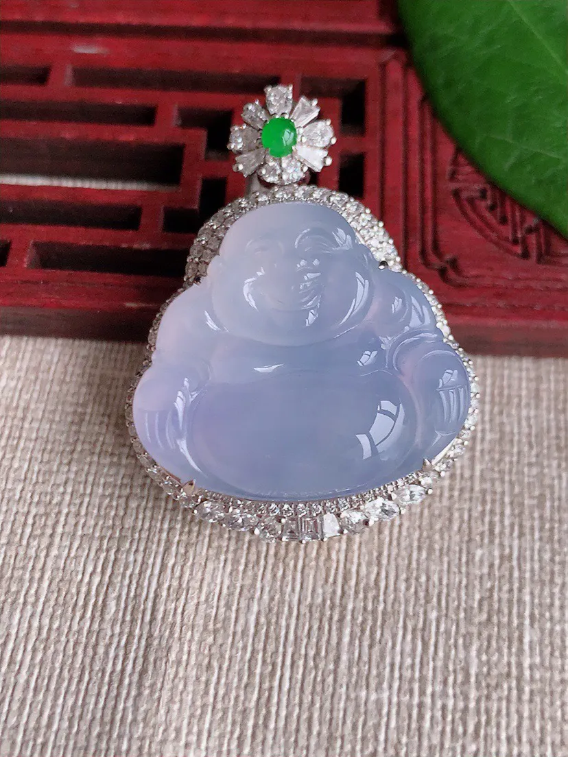 缅甸a货翡翠ddj老坑冰种18K金镶嵌紫罗兰佛公吊坠 整体37.7×29×14.5裸石23.6×27mm 16.64