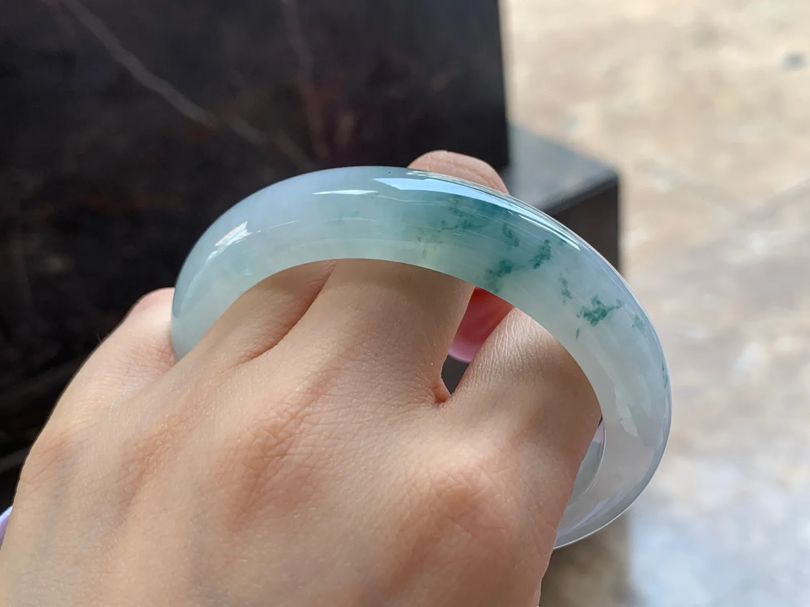 冰飘花手镯，种好水润，飘花灵动，57.3/12.7/8.6mm