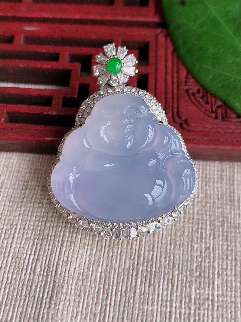 缅甸a货翡翠ddj老坑冰种18K金镶嵌紫罗兰佛公吊坠 整体37.7×29×14.5裸石23.6×27