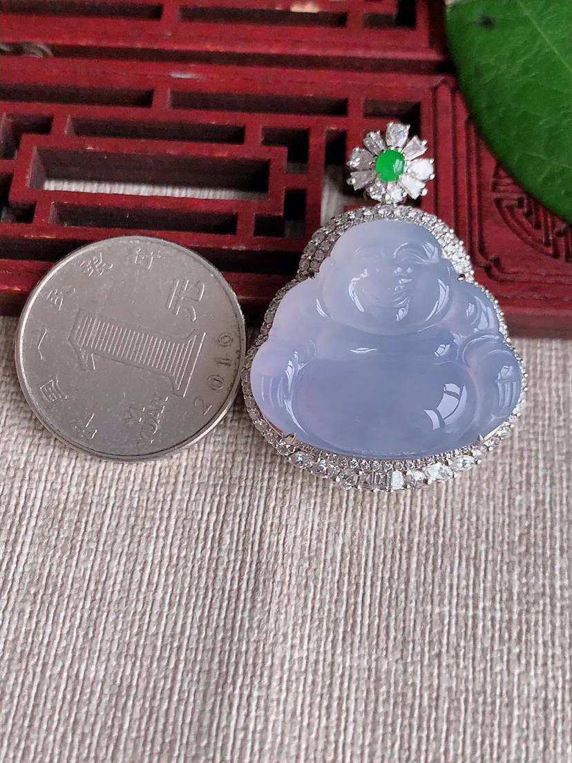 缅甸a货翡翠ddj老坑冰种18K金镶嵌紫罗兰佛公吊坠 整体37.7×29×14.5裸石23.6×27mm 16.64