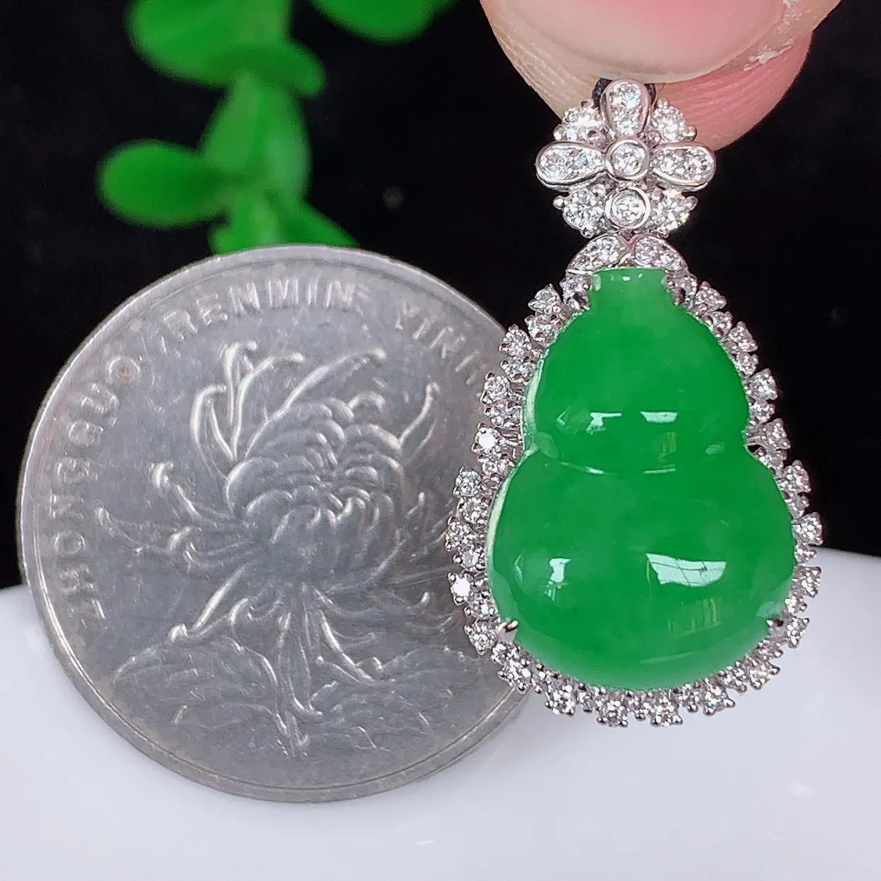 自然光实拍，18K金镶嵌冰润冰糯种满绿翡翠葫芦吊坠，翡翠葫芦，寓意福禄双全，财源滚滚，佩戴效果优雅迷人！#99.19整体25*14.5*9裸石16*11.5